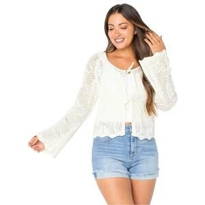 Celebirty Pink Boho Cardigan Size XXL Cream Crochet Knit Tie Bell Sleeve